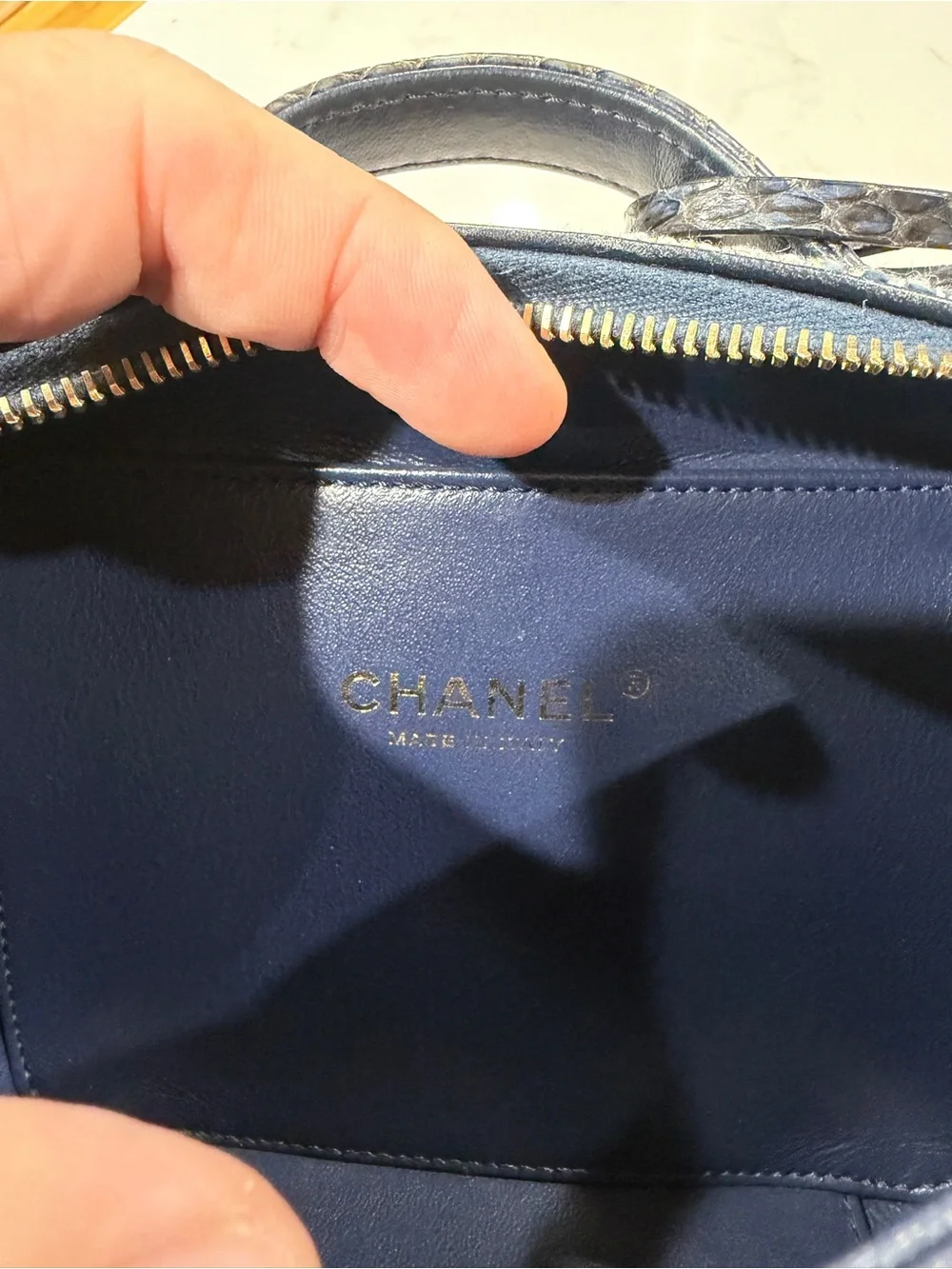 CHANEL Multicolor Tweed Vanity Crossbody with Navy Leather Trim